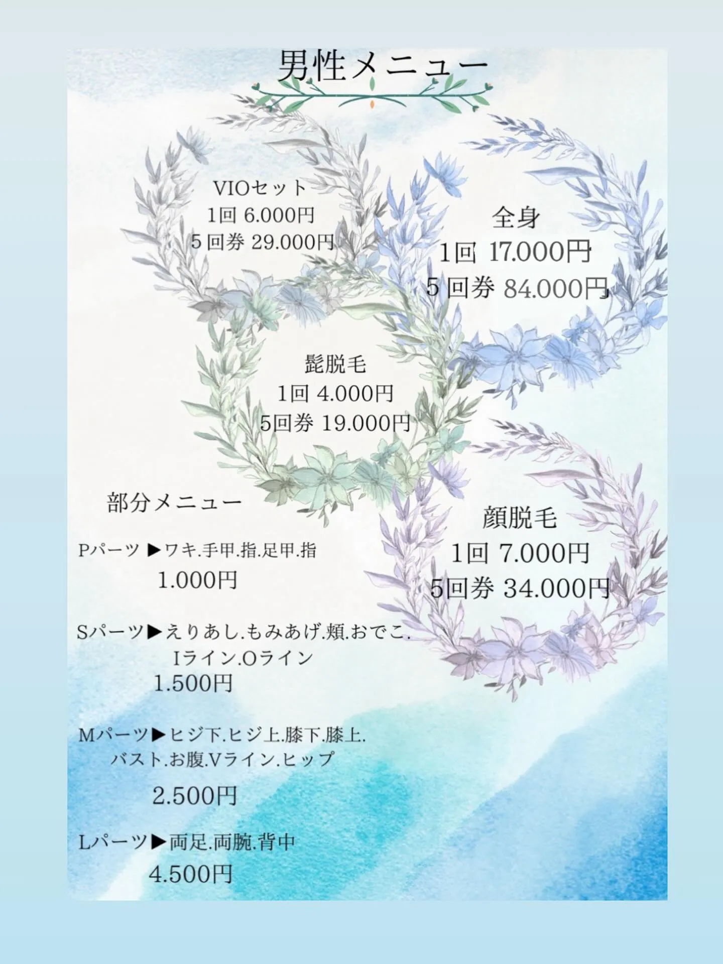 ✨男性脱毛メニュー✨